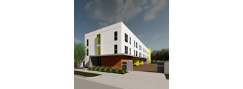 a rendering of a white building with a red and yellow facade