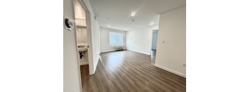 A spacious room with wooden flooring and a window with blinds.
