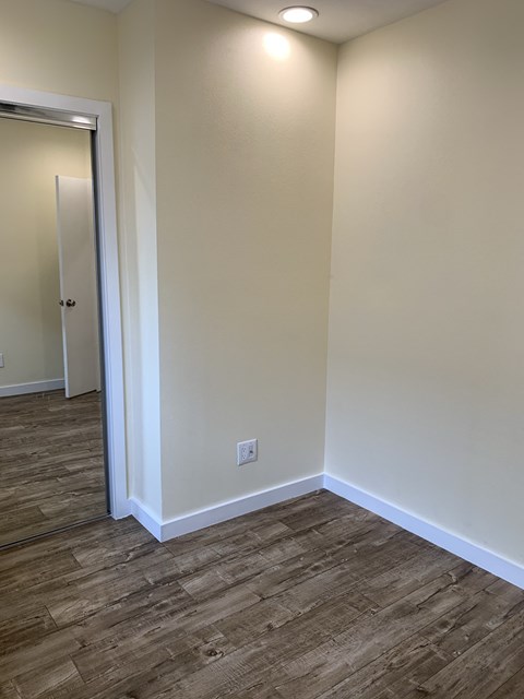 A room with a wooden floor and a white door.