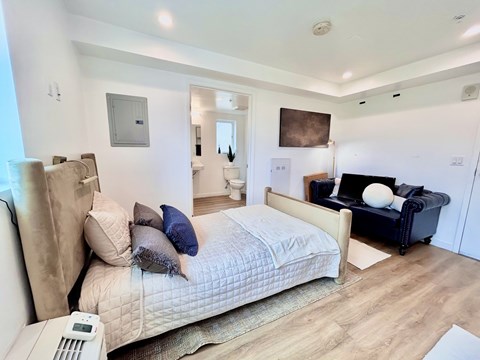 A bedroom with a large bed and a couch.