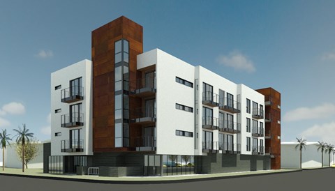a rendering of an apartment building on a city street