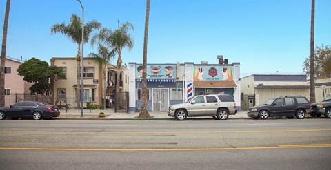 A street view with cars and palm trees.