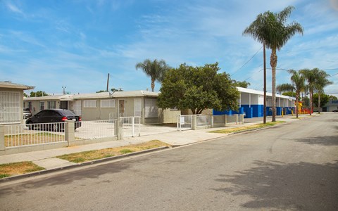 A street view of a residential area with houses and trees.