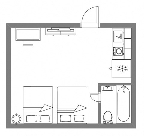 2 Beds Studio 288 SF