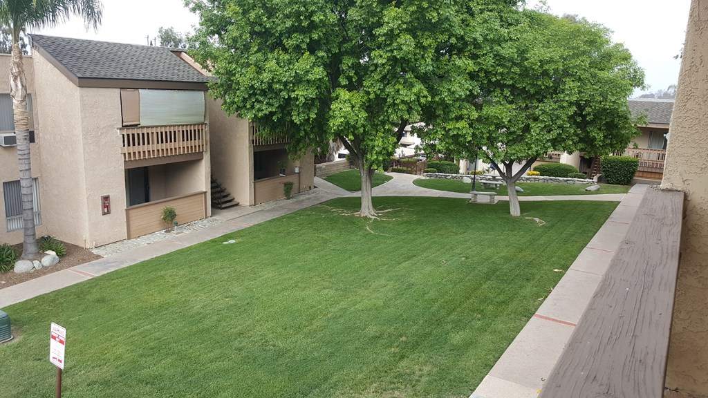 a yard in front of an apartment building with grass and trees