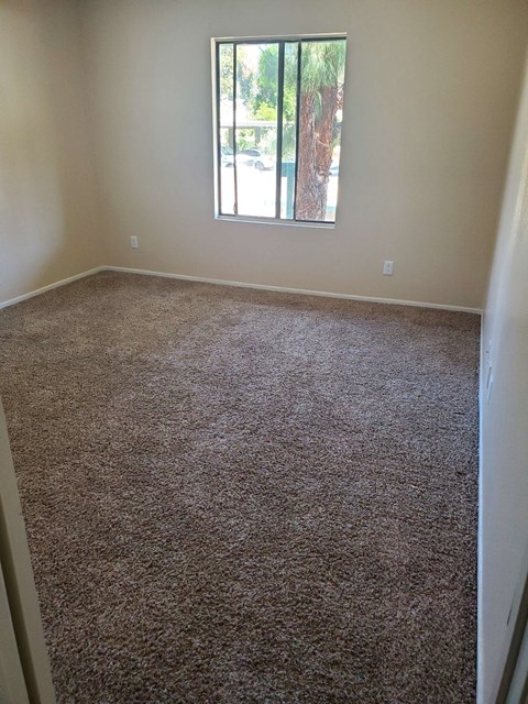 a room with a carpeted floor and a window