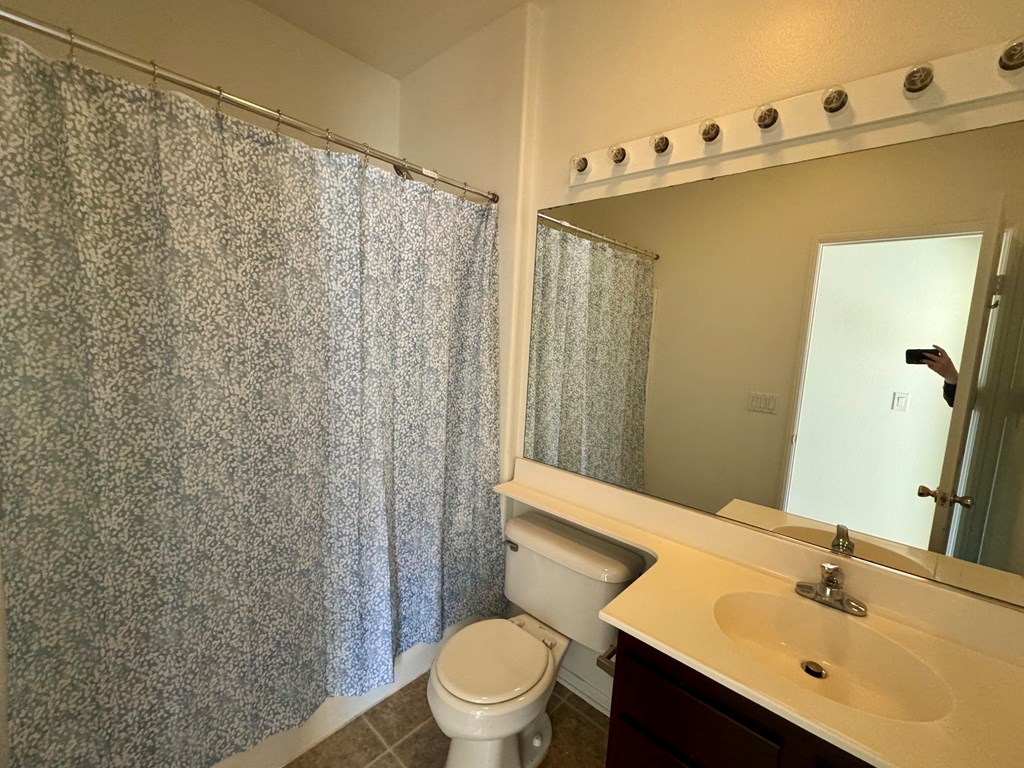 A bathroom with a toilet, sink, and shower curtain.