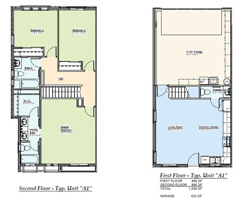 A floor plan of a two-story house with a total area of 1,338 square feet.