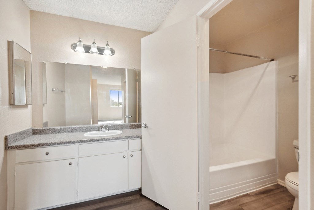 the preserve at ballantyne commons apartment bathroom with sink and shower