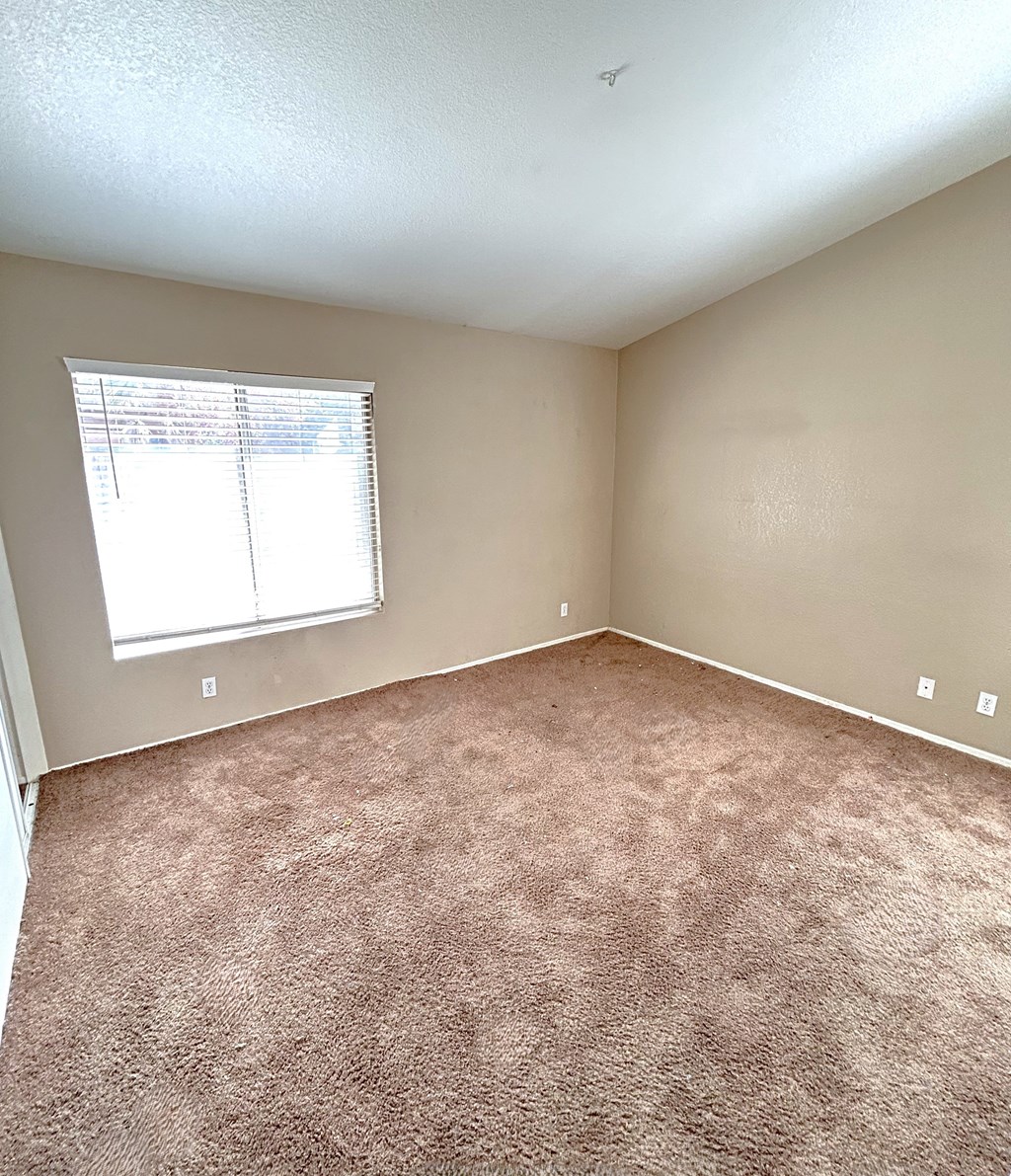 A room with a carpeted floor and a window with blinds.
