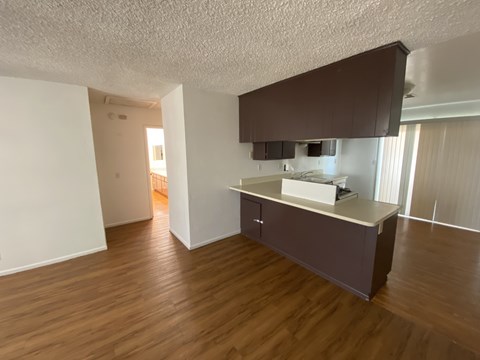 A kitchen area with a counter and cabinets.