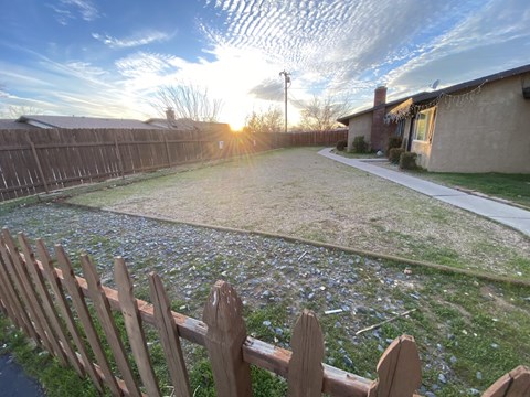 A backyard with a wooden fence and a house in the background.