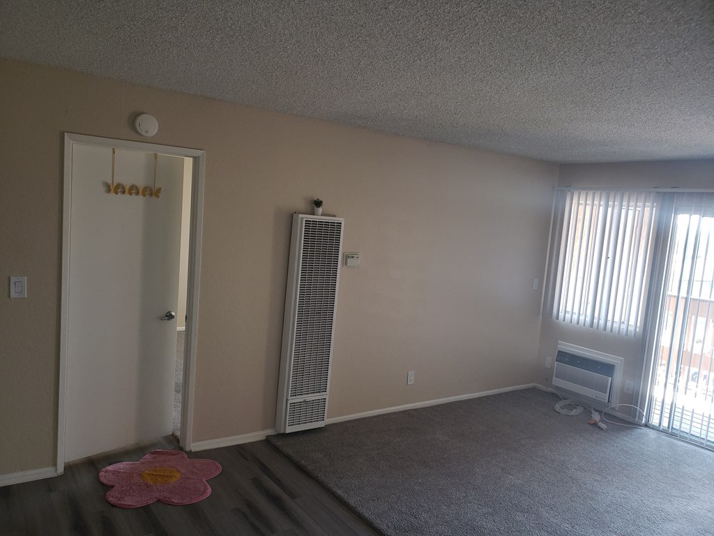 a living room with a heater in the corner