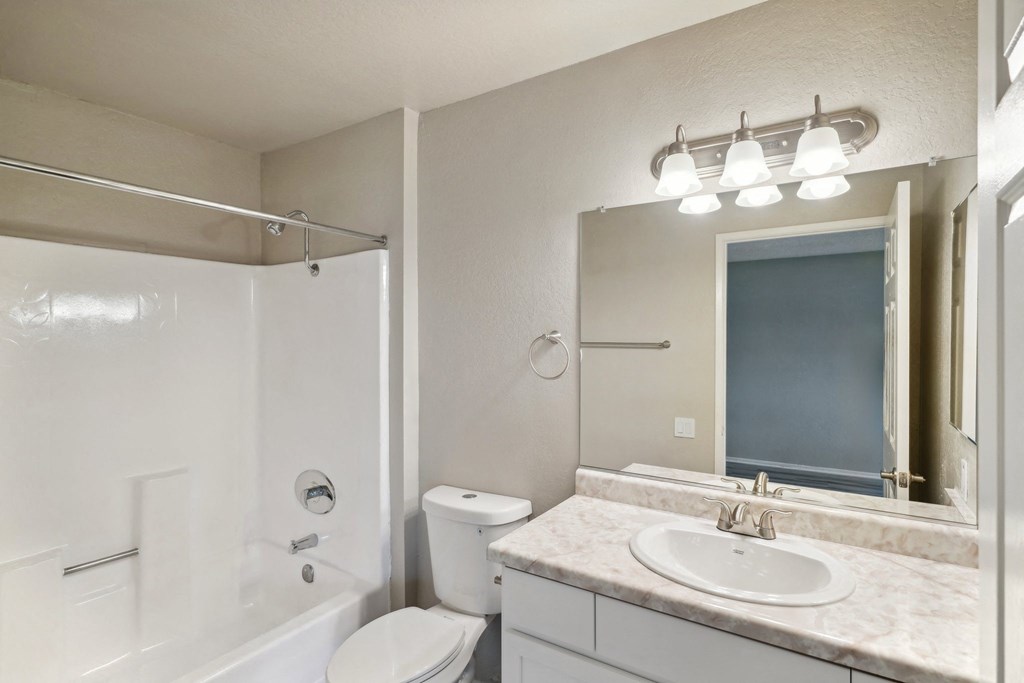 a bathroom with a mirror and a toilet and a sink