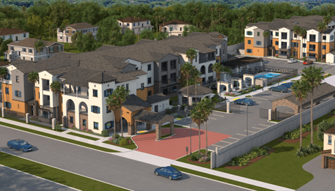 a rendering of a subdivision of houses with cars in a parking lot