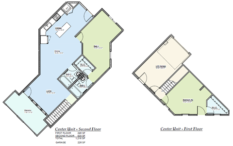 A floor plan of a two-story center unit with a garage.