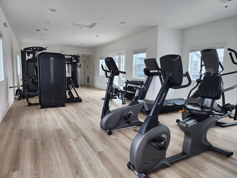 A spacious gym with a variety of cardio equipment.