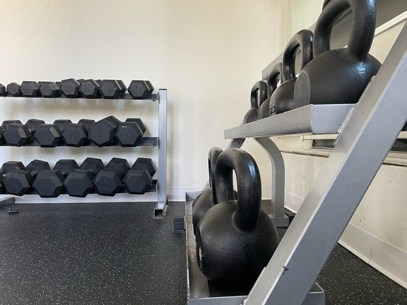 a gym with weights and racks of dumbbells