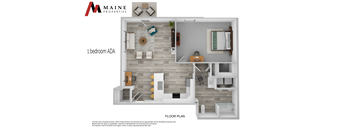 A floor plan of a one bedroom apartment from Maine Properties.