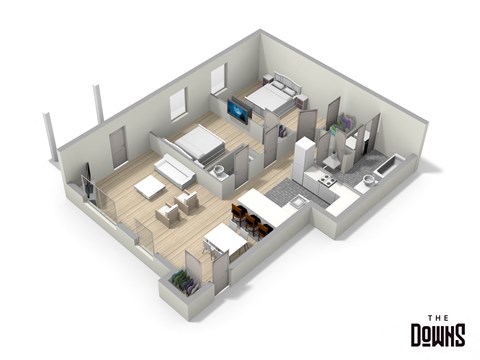 A 3D rendered image of a house layout.