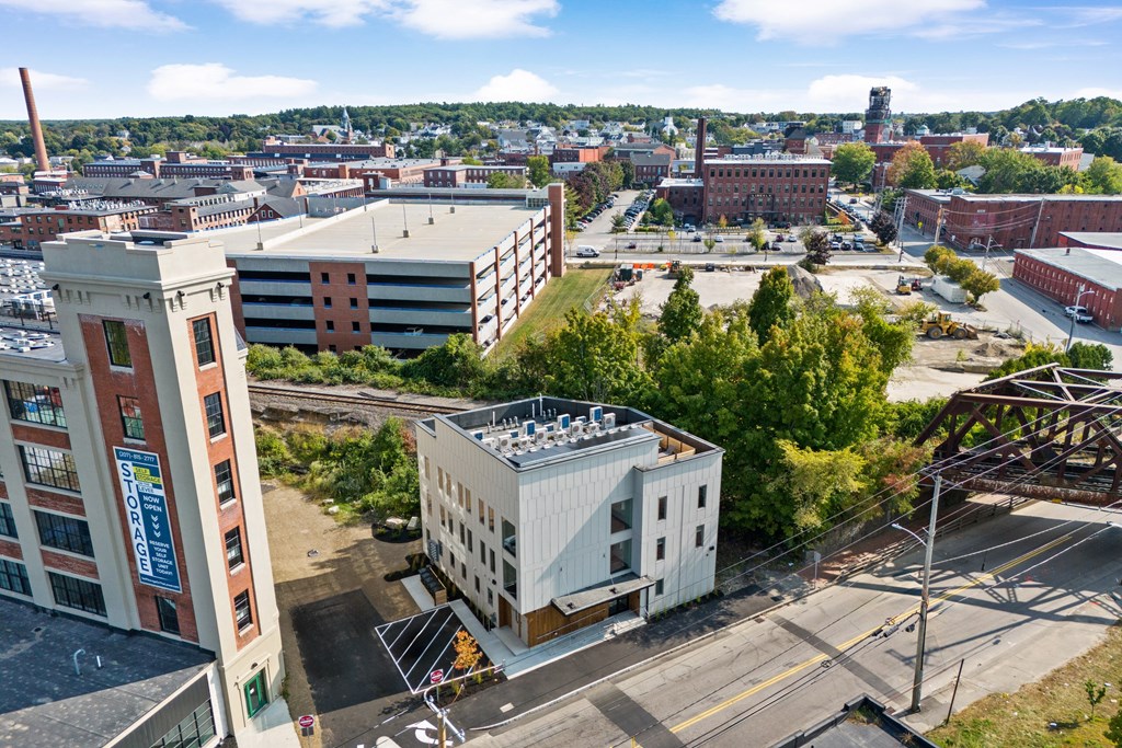 an aerial view of a building in a city