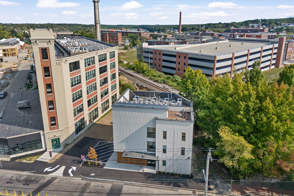 an aerial view of a building in a city