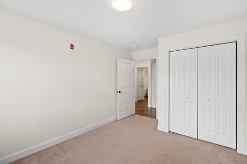 A white door is closed and another is open in a room with a carpet.