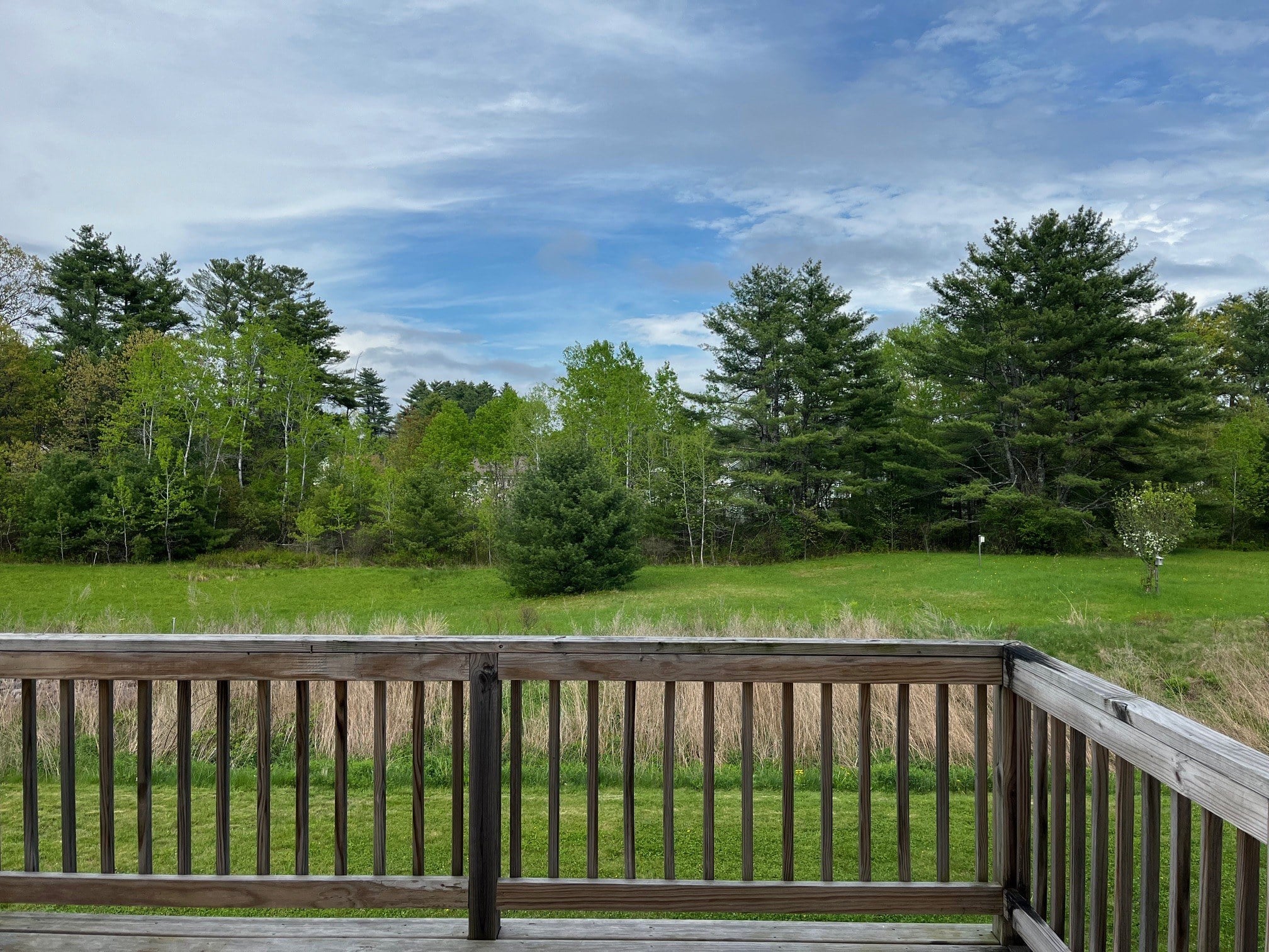 A wooden deck overlooks a grassy field and trees.