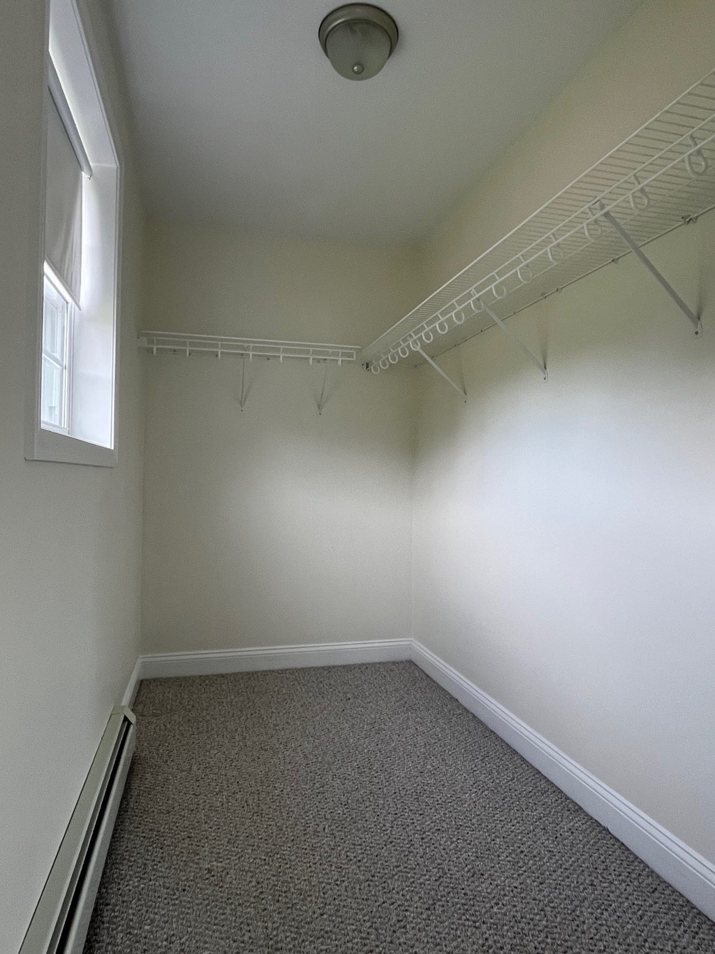 A white closet with a grey carpet and a window.