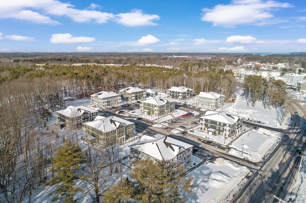 arial view of buildings in the snow
