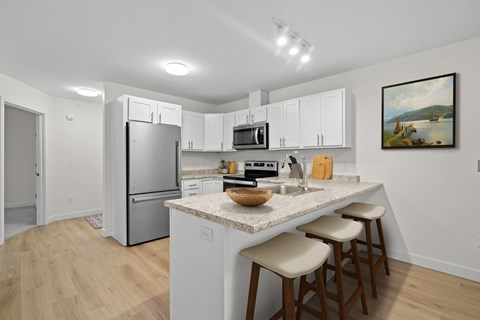 A kitchen with white cabinets and a granite countertop.