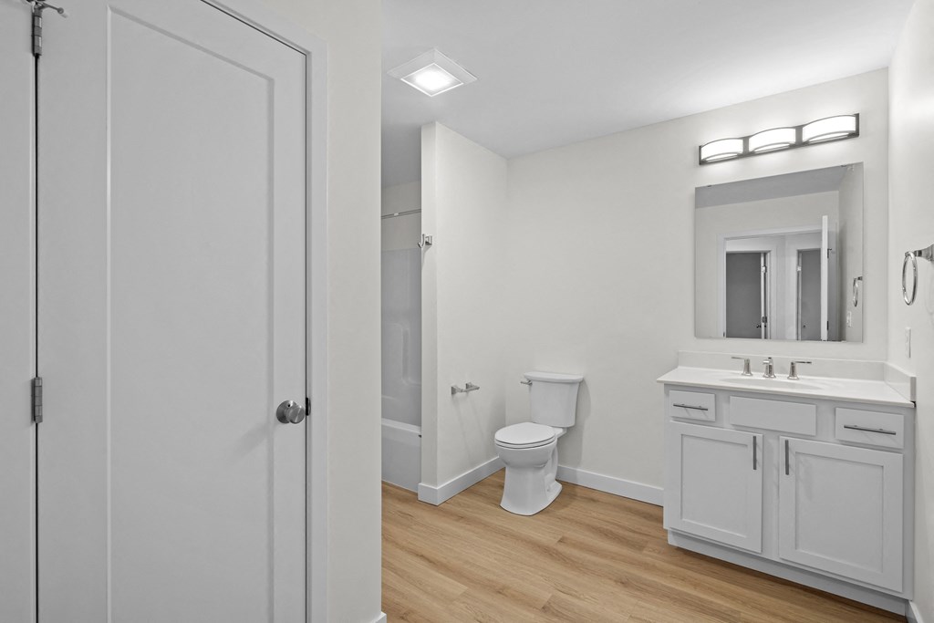 a white bathroom with a toilet sink and mirror