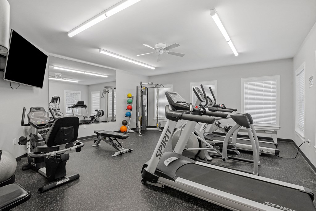 a gym with treadmills and other exercise equipment and a tv