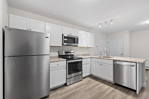 a white kitchen with stainless steel appliances and white cabinets