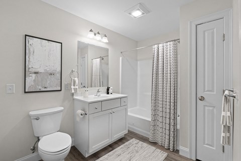 a bathroom with a white sink and toilet and a shower