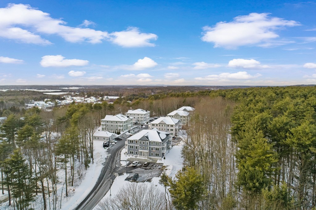 arial view of snow covered buildings in the middle of a forest