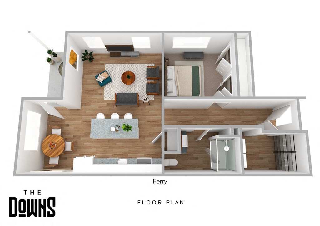 the downstairs floor plan with bedroom and living room