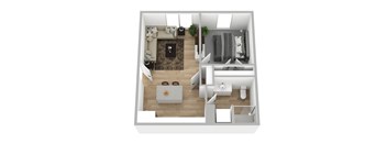 First-Floor 1-Bedroom—517 Sq. Ft. of Smart Design Featuring Granite Island Dining, Stainless Steel Appliances, Stand-Up Shower, and In-Unit Laundry