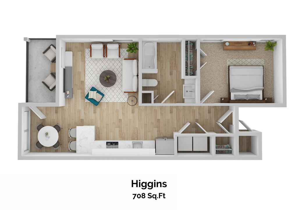 a stylized floor plan with a bedroom and living room