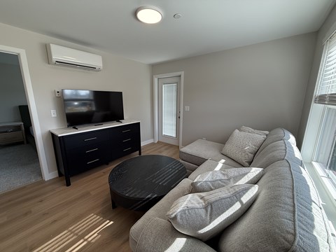 A living room with a grey couch and a black coffee table.