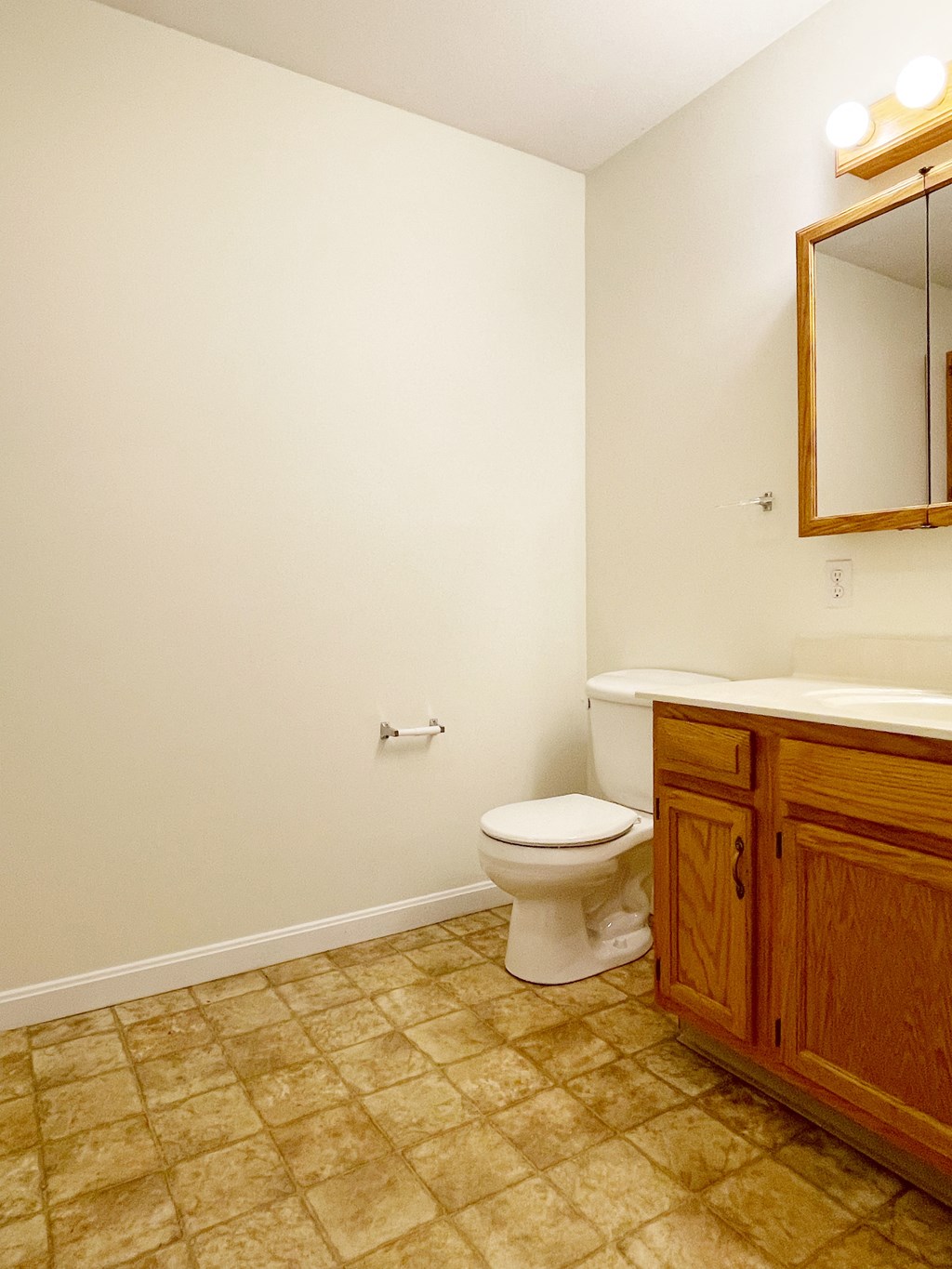 A bathroom with a toilet and a wooden cabinet.