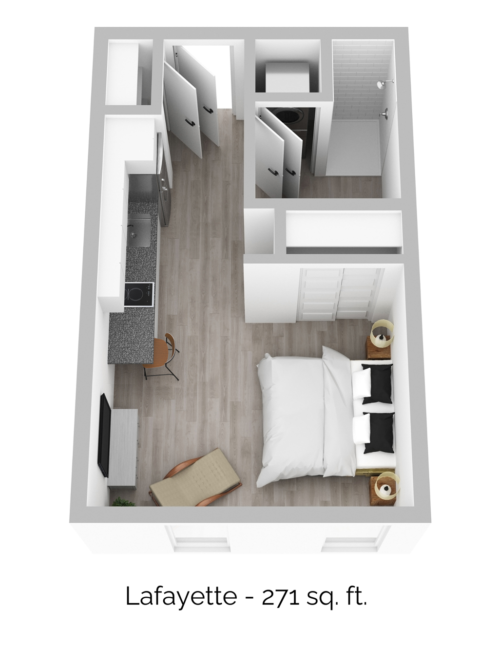 a stylized 3d floor plan with a bedroom and a living room