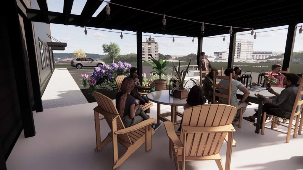 a rendering of people sitting at tables in a restaurant