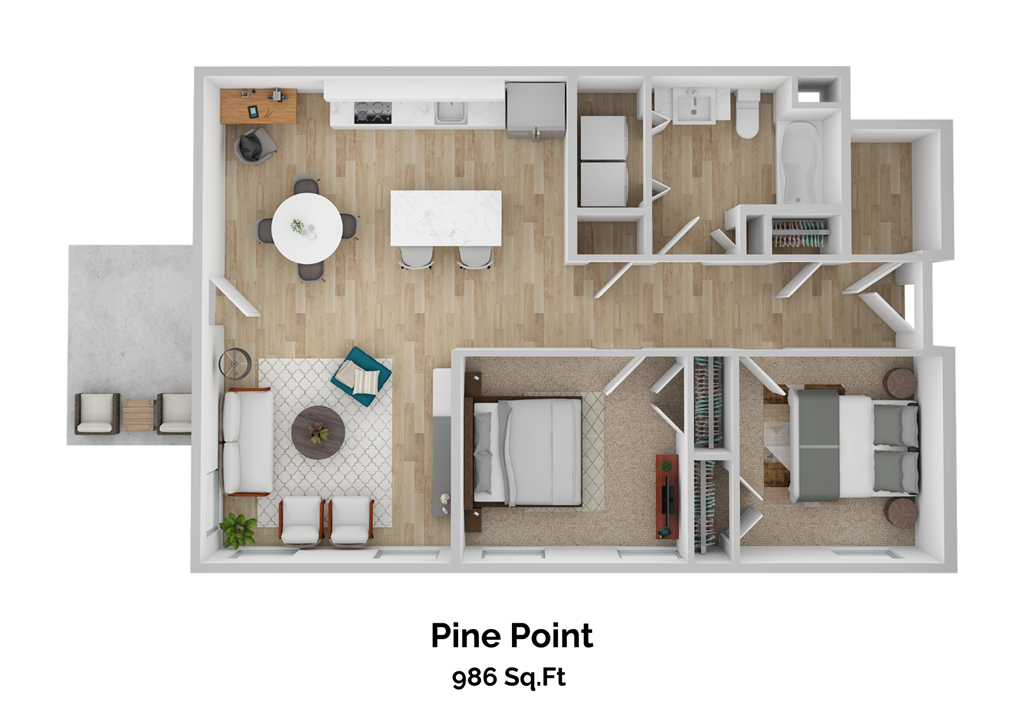 a stylized floor plan of a room with furniture and a bedroom