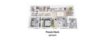 A floor plan of a 936 square foot Prouts Neck property.