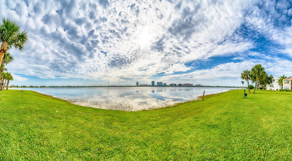 a park with a lake and a city in the distance