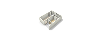 A white 3D model of a house with multiple rooms and windows.