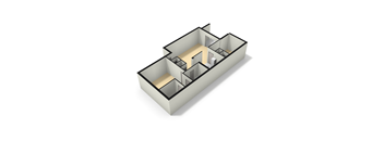 A 3D model of a complex building with multiple rooms and hallways.