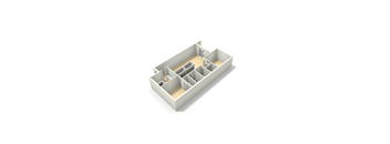 A white 3D model of a complex structure with multiple interconnected rooms.