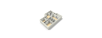 A white 3D model of a building with multiple rooms and hallways.